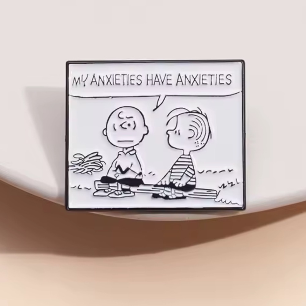 Charlie Brown Enamel Metal Pin, Anxiety, Black and White Cartoon Enamel Pin